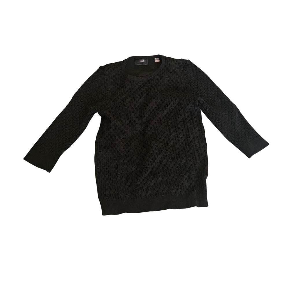 Tahari Black Textured Knit Sweater Size Small 3/4 Sleeve Crewneck Rayon Blend
